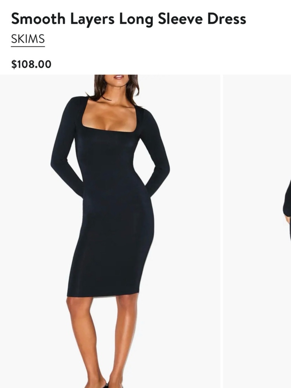 SKIMS Black Smooth Layers Long Sleeve Square Neck Dress NWOT obsidian